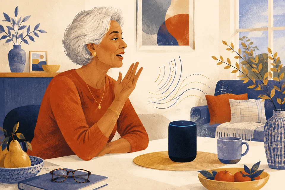 An older adult confidently uses a voice-assisted device at home.