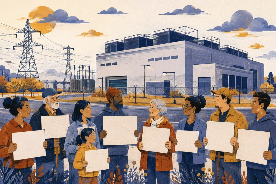Neighbors holding placards near a generic data center and utility lines.