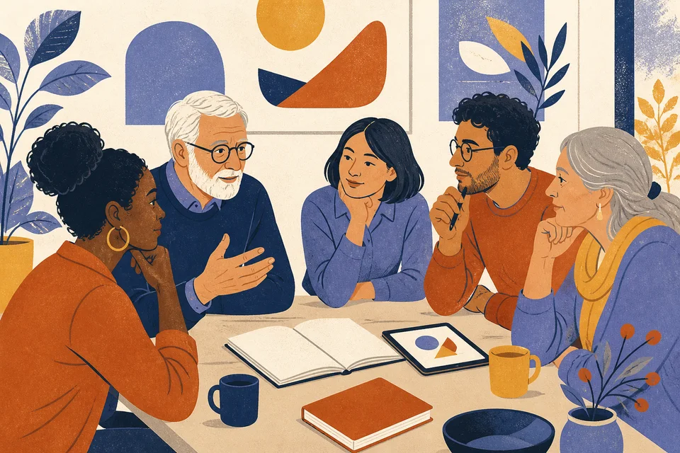 An intergenerational group shares ideas around a table.