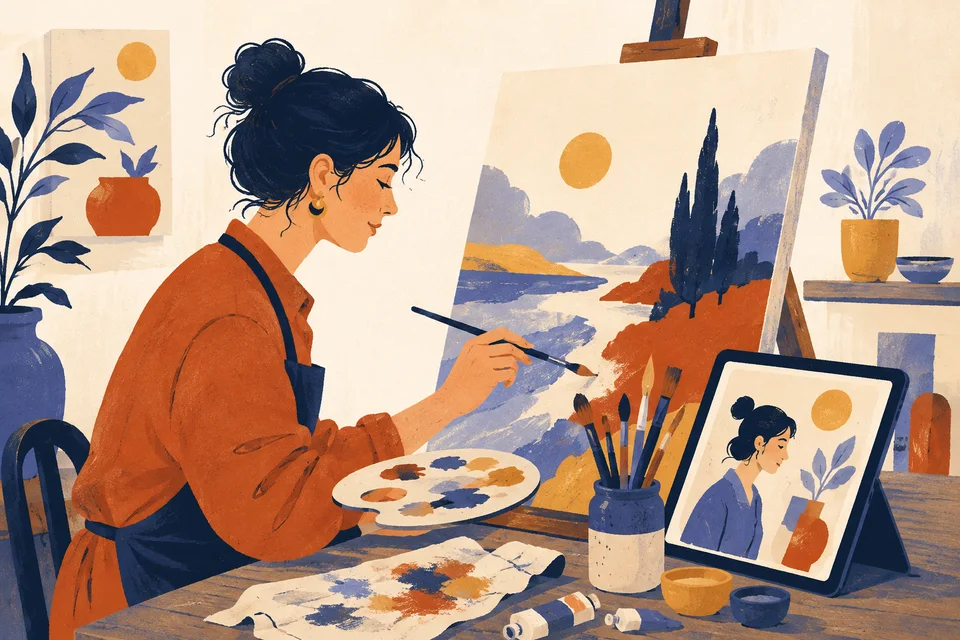 An artist combines painting materials with a digital creative assistant.