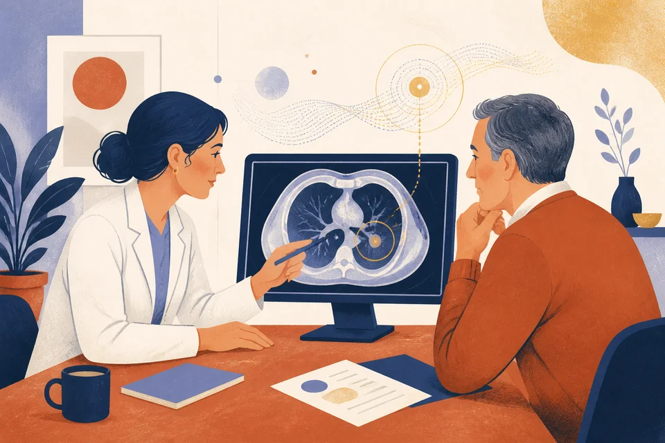 A clinician and patient review a medical image together.