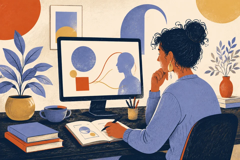 A person works at a desk with an AI-assisted digital workspace.